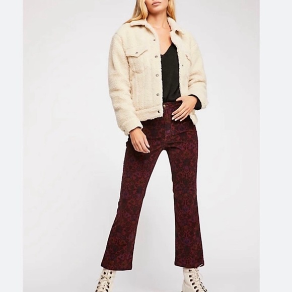 Free People Paisley Cropped Micro Corduroy Pants Wine Red Ribbed Floral Size 10 - Picture 2 of 11